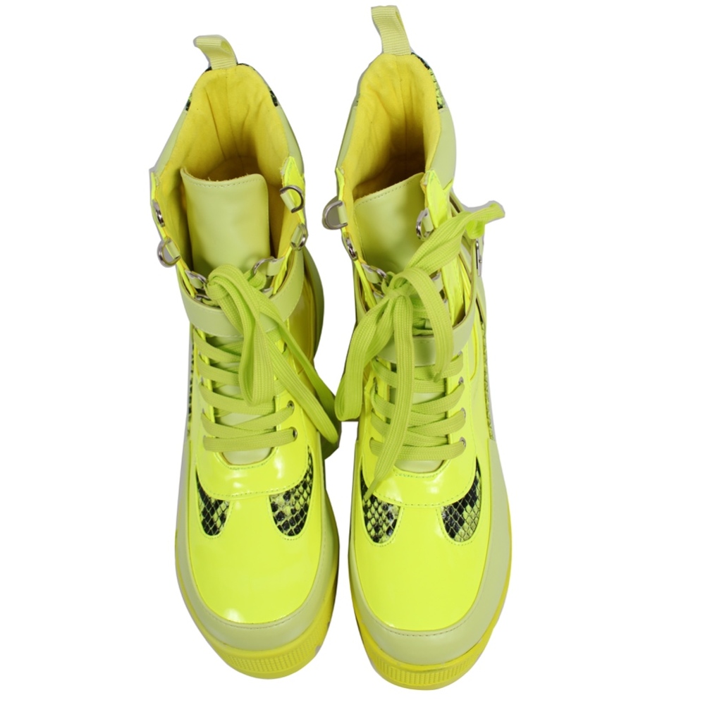 NEON Yellow Lace Up Lug Platform Block Heel Boot - Picture 4 of 7